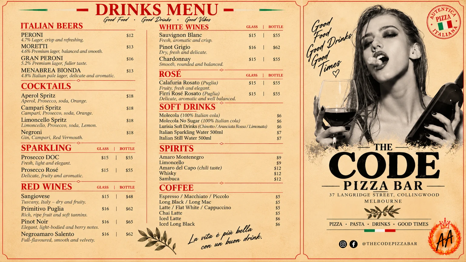 The Code Pizza Bar drinks menu