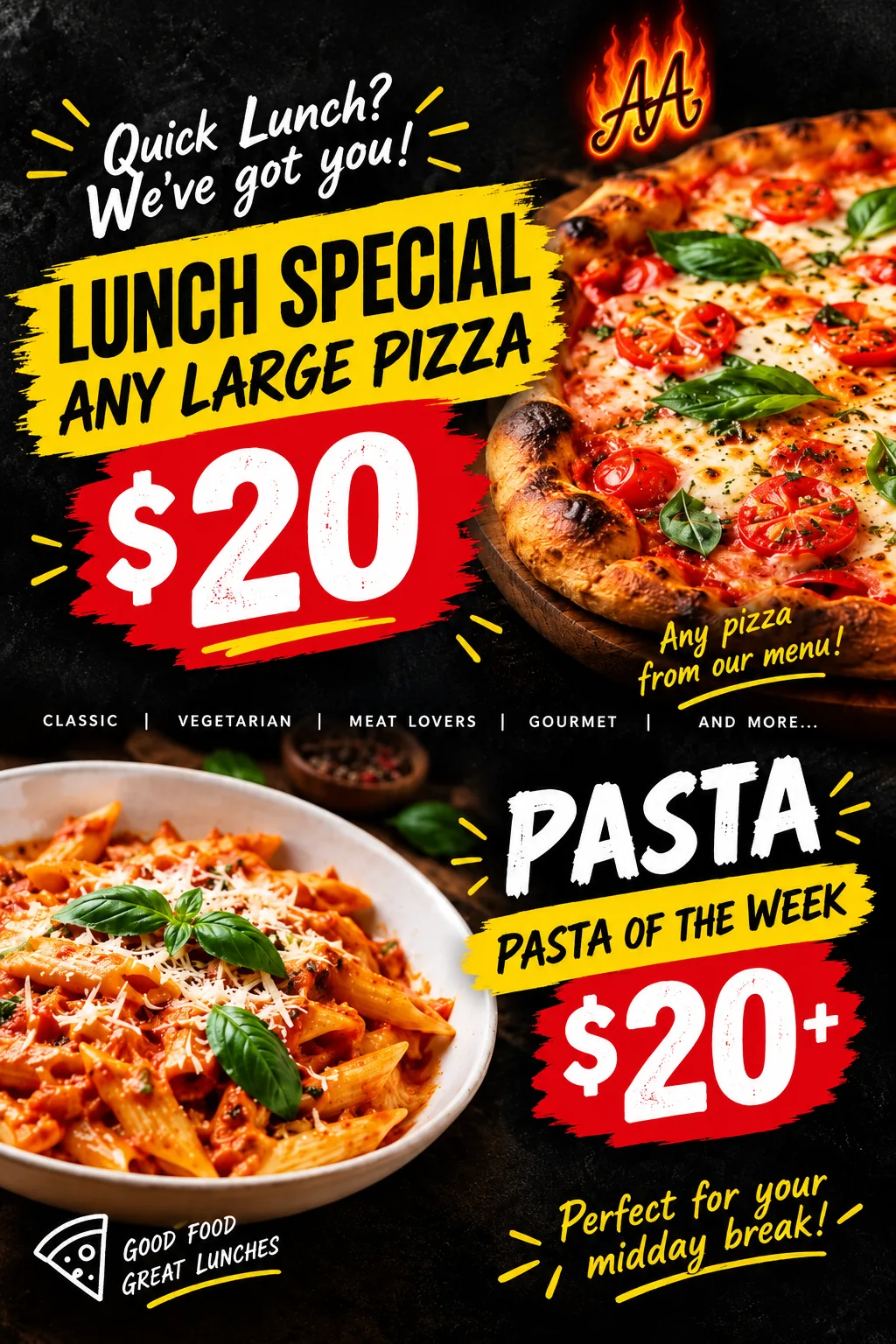 Quick lunch at The Code Pizza Bar: any large pizza or pasta of the week from $20
