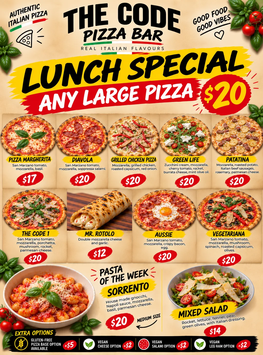 The Code Pizza Bar lunch special: any large pizza $20